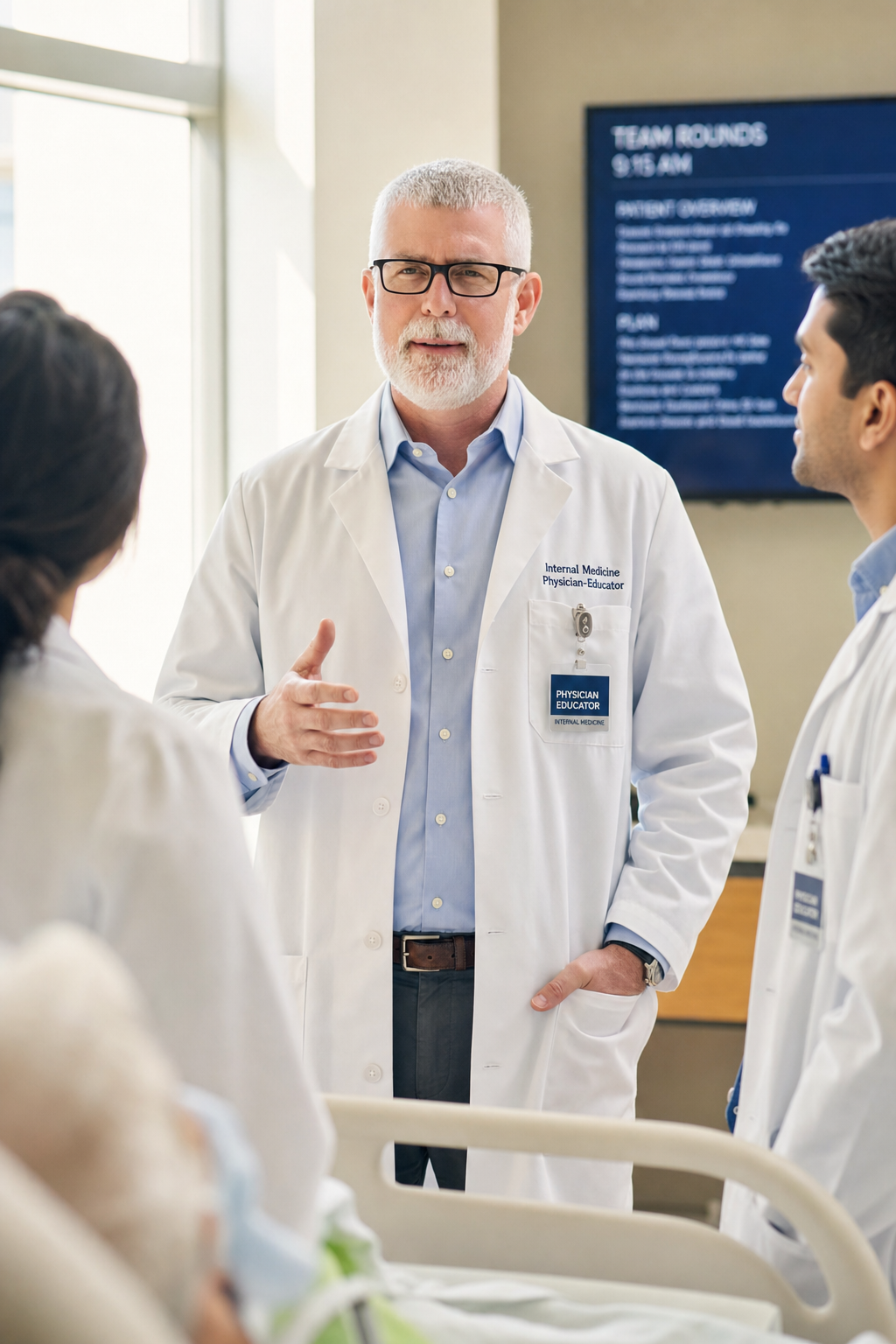 Dr. Christopher Bray leading a teaching round with resident physicians